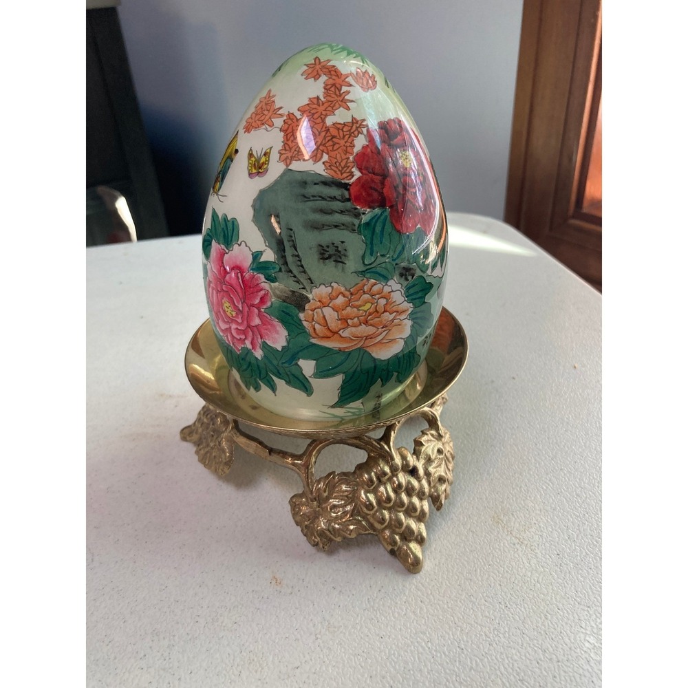Vintage Chinese Porcelain Egg Hand Painted Butterfly Floral Brass Grape Stand